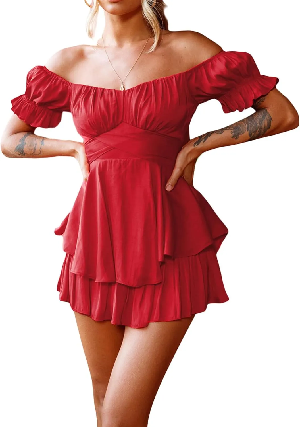 Womens off Shoulder Romper Dress Cute Tiered Ruffle Hem Jumpsuit Playsuit Flowy Pirate Mini Dress