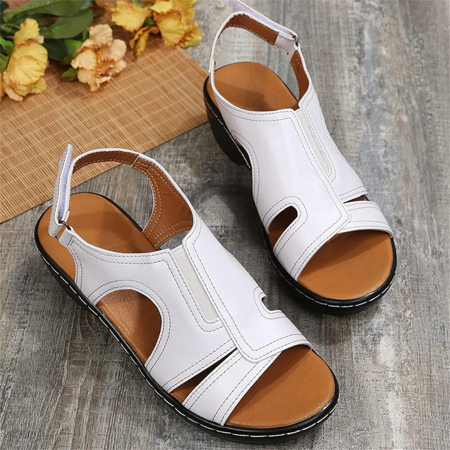 Women's Orthopedic Sandals Casual Walking Shoes Open Toe Soft Sandals Wide Width Non-Slip Shoes, Hollow Out Orthotic Sandal with Arch Support, Breathable Lightweight