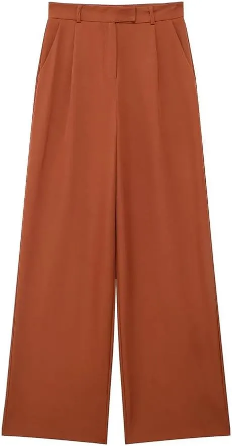 Women's Pleated High Waist Wide Leg Pants Side Pocket Zipper Casual Trousers