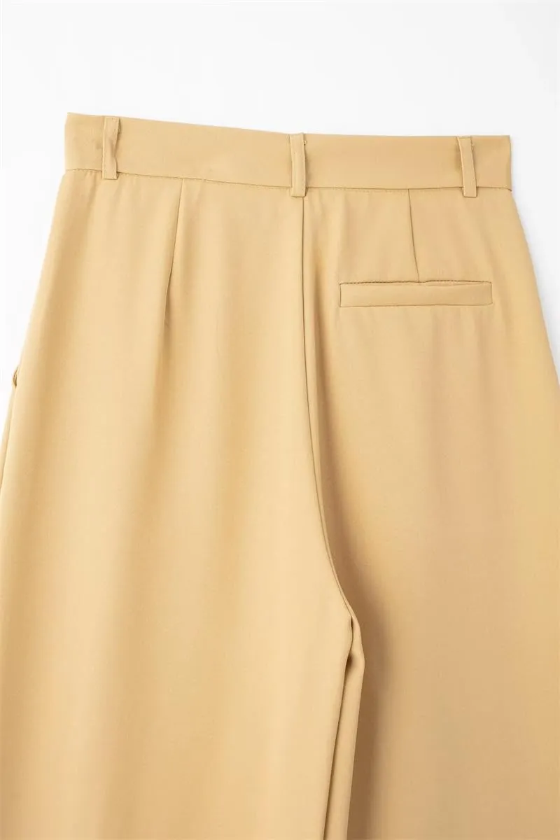 Women's Pleated High Waist Wide Leg Pants Side Pocket Zipper Casual Trousers