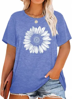 Womens Plus Size Daisy Graphic T-Shirt Summer Flower Cute Short Sleeve Shirts Casual Loose Tees Tops for Women