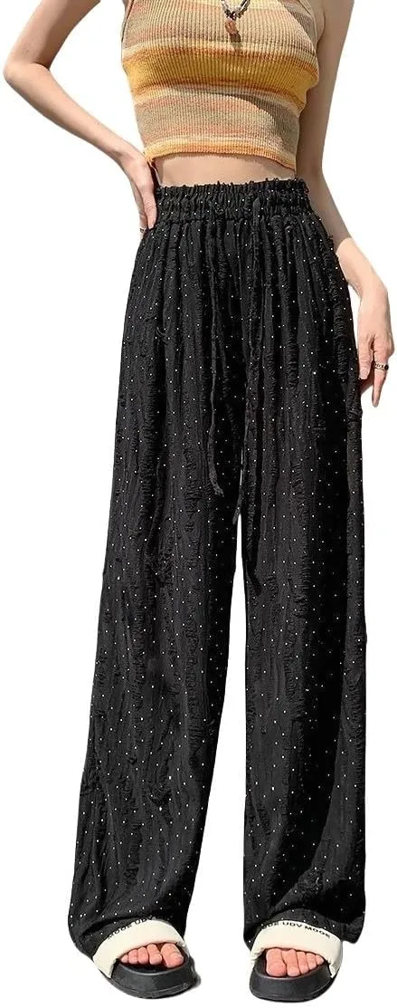 Women's Ripped Rhinestones Casual High Waist Highrise Wide Leg Beggar Pants Lounge Mopping Trousers