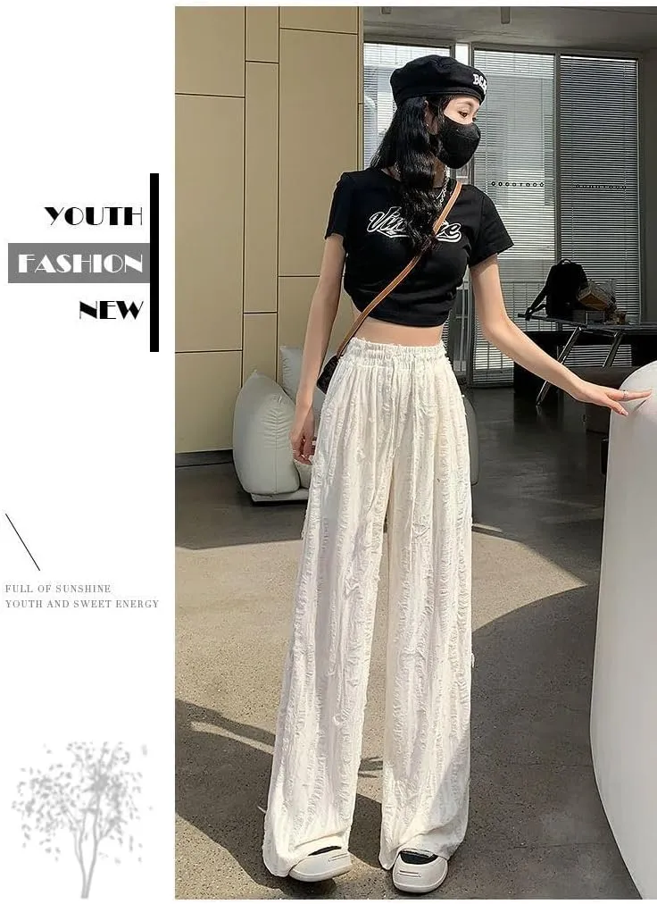 Women's Ripped Rhinestones Casual High Waist Highrise Wide Leg Beggar Pants Lounge Mopping Trousers