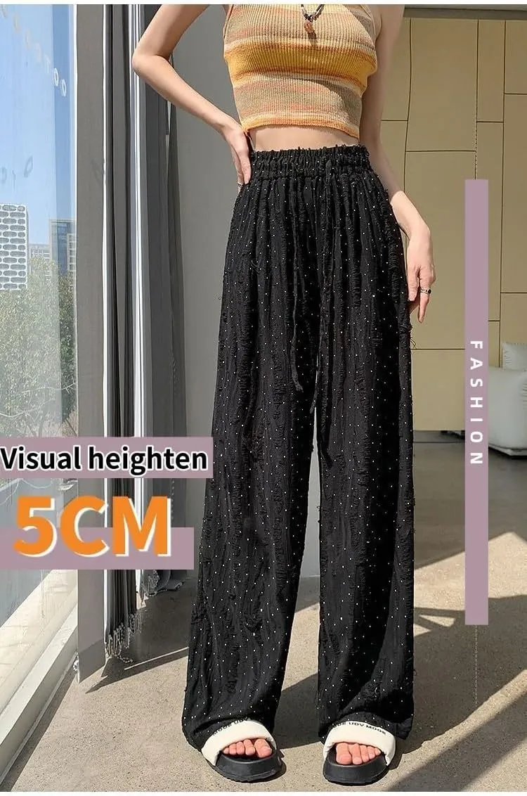 Women's Ripped Rhinestones Casual High Waist Highrise Wide Leg Beggar Pants Lounge Mopping Trousers