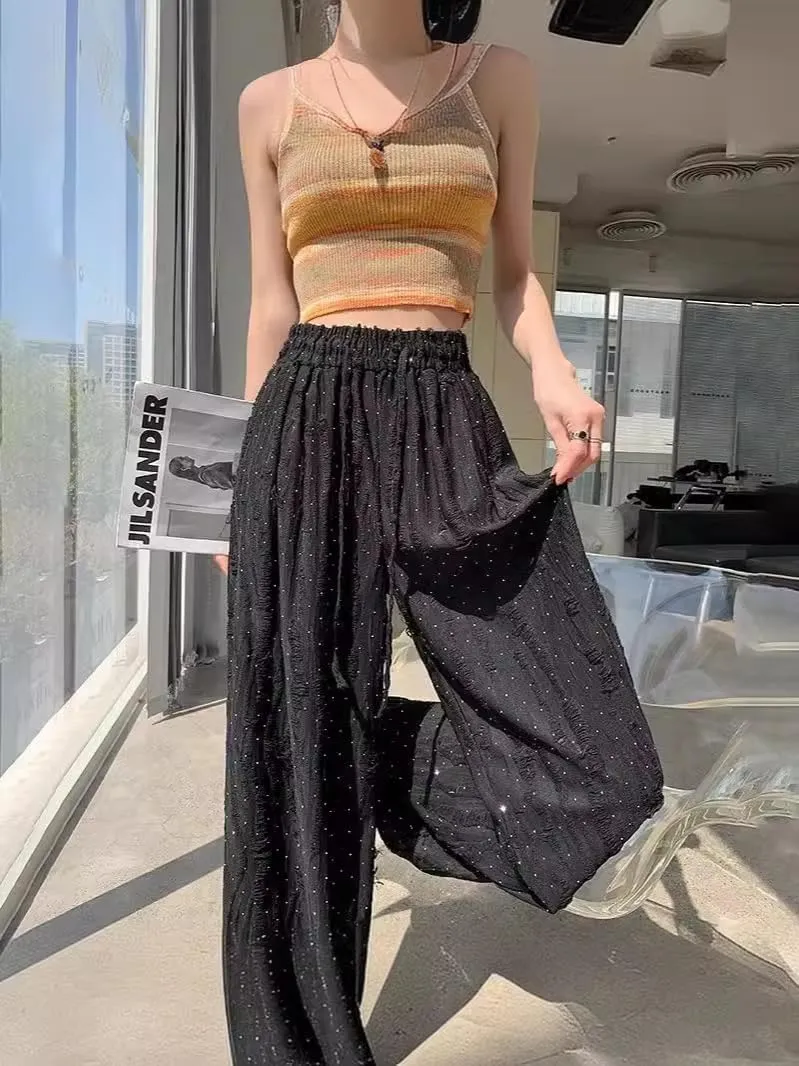 Women's Ripped Rhinestones Casual High Waist Highrise Wide Leg Beggar Pants Lounge Mopping Trousers