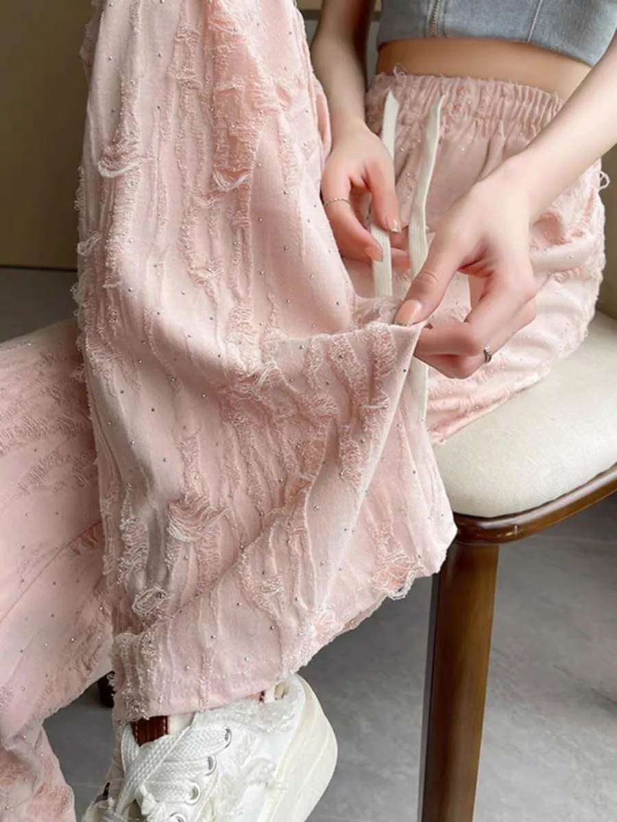 Women's Ripped Rhinestones Casual High Waist Highrise Wide Leg Beggar Pants Lounge Mopping Trousers