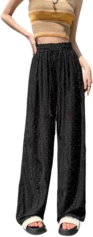 Women's Ripped Rhinestones Casual High Waist Highrise Wide Leg Beggar Pants Lounge Mopping Trousers