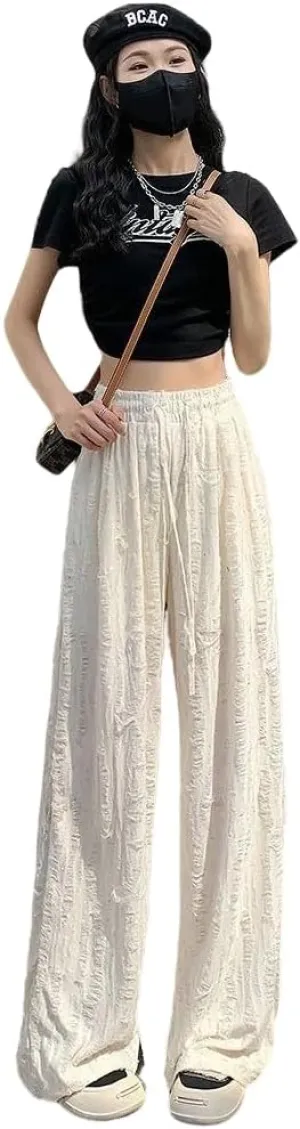 Women's Ripped Rhinestones Casual High Waist Highrise Wide Leg Beggar Pants Lounge Mopping Trousers