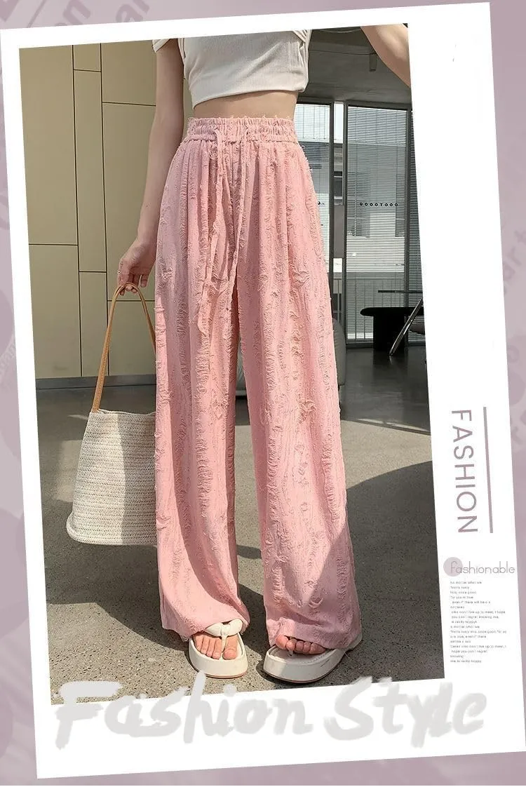 Women's Ripped Rhinestones Casual High Waist Highrise Wide Leg Beggar Pants Lounge Mopping Trousers