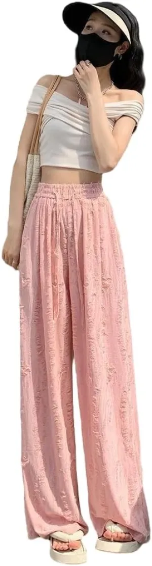 Women's Ripped Rhinestones Casual High Waist Highrise Wide Leg Beggar Pants Lounge Mopping Trousers