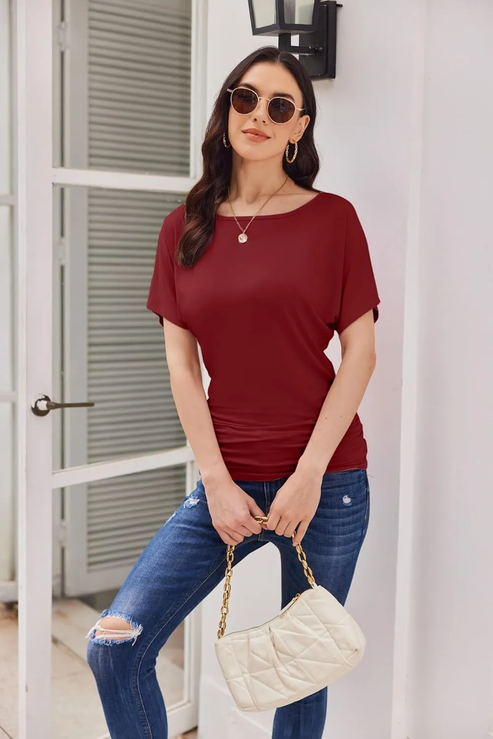 Womens Ruched Tops Casual T Shirts Dolman Short Sleeve Shirts Boat Neck Summer Off Shoulder Batwing Tops 2025