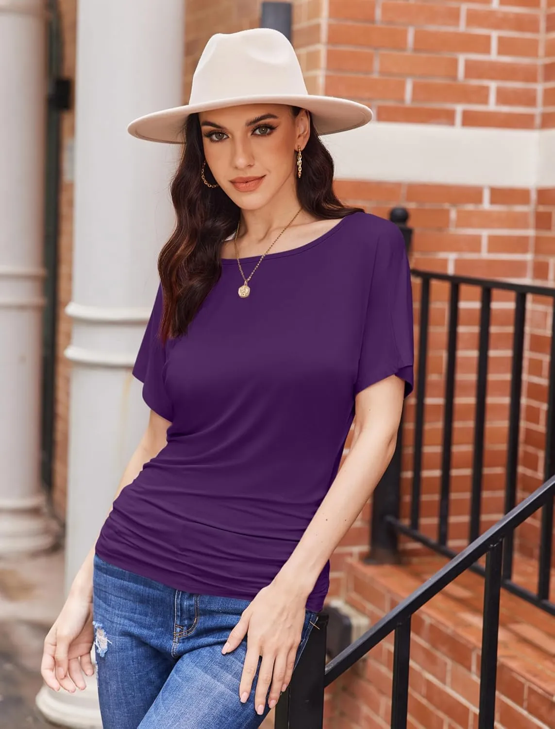Womens Ruched Tops Casual T Shirts Dolman Short Sleeve Shirts Boat Neck Summer Off Shoulder Batwing Tops 2025