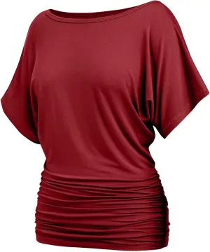 Womens Ruched Tops Casual T Shirts Dolman Short Sleeve Shirts Boat Neck Summer Off Shoulder Batwing Tops 2025
