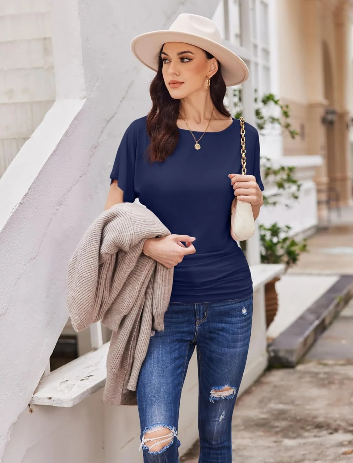 Womens Ruched Tops Casual T Shirts Dolman Short Sleeve Shirts Boat Neck Summer Off Shoulder Batwing Tops 2025