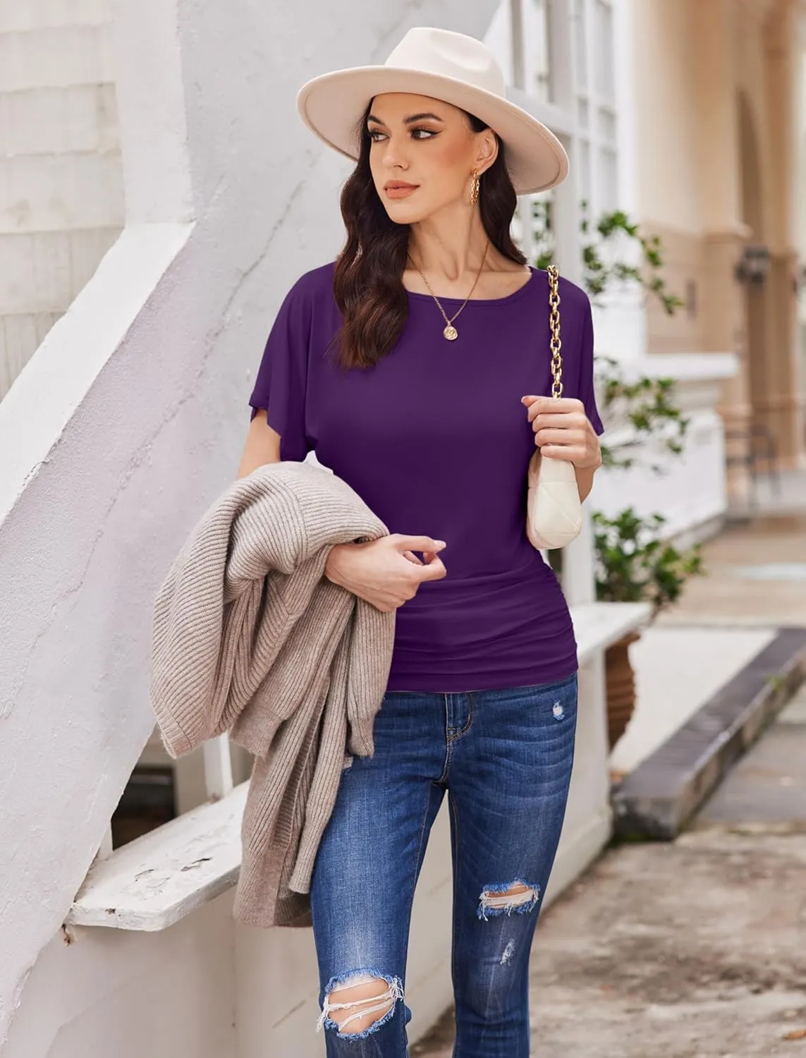 Womens Ruched Tops Casual T Shirts Dolman Short Sleeve Shirts Boat Neck Summer Off Shoulder Batwing Tops 2025