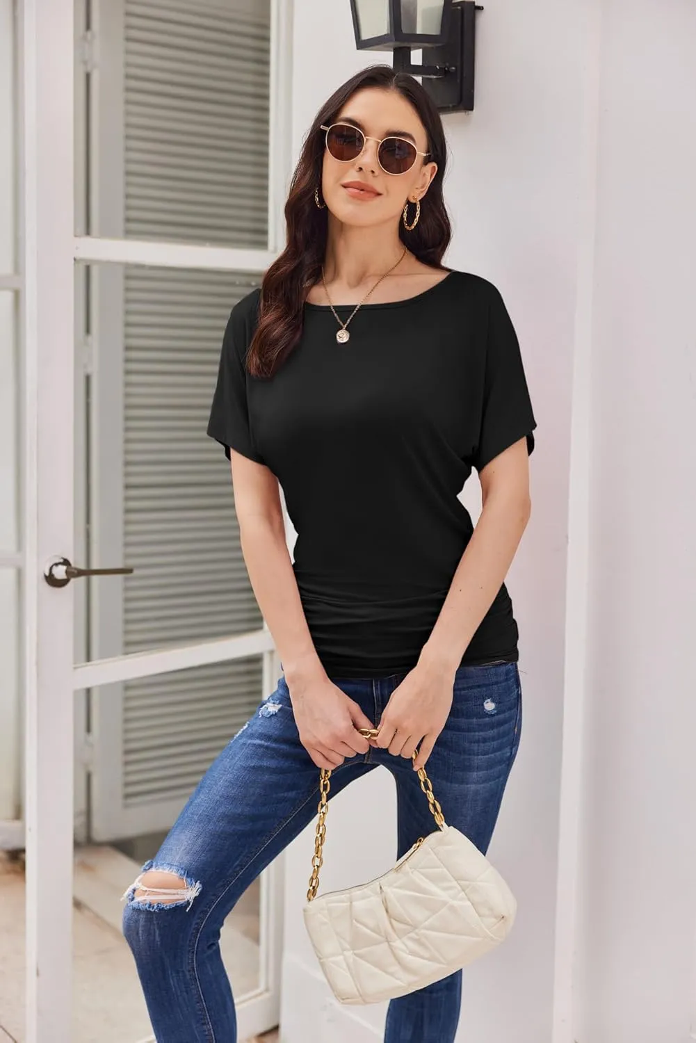 Womens Ruched Tops Casual T Shirts Dolman Short Sleeve Shirts Boat Neck Summer Off Shoulder Batwing Tops 2025