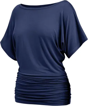 Womens Ruched Tops Casual T Shirts Dolman Short Sleeve Shirts Boat Neck Summer Off Shoulder Batwing Tops 2025
