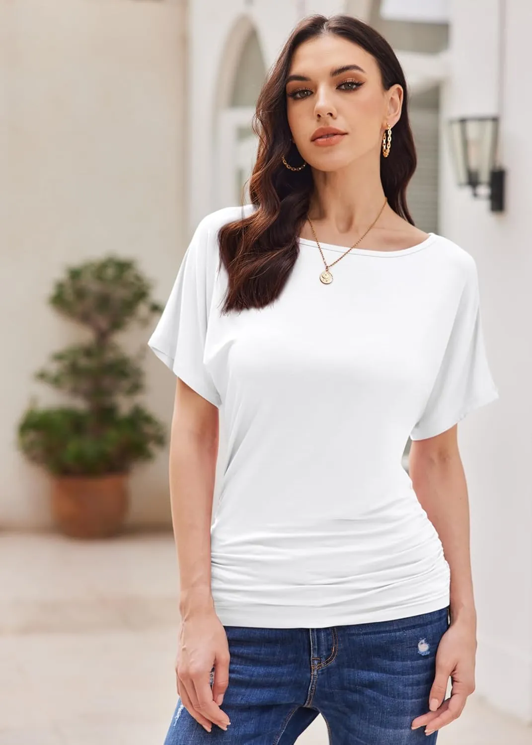 Womens Ruched Tops Casual T Shirts Dolman Short Sleeve Shirts Boat Neck Summer Off Shoulder Batwing Tops 2025