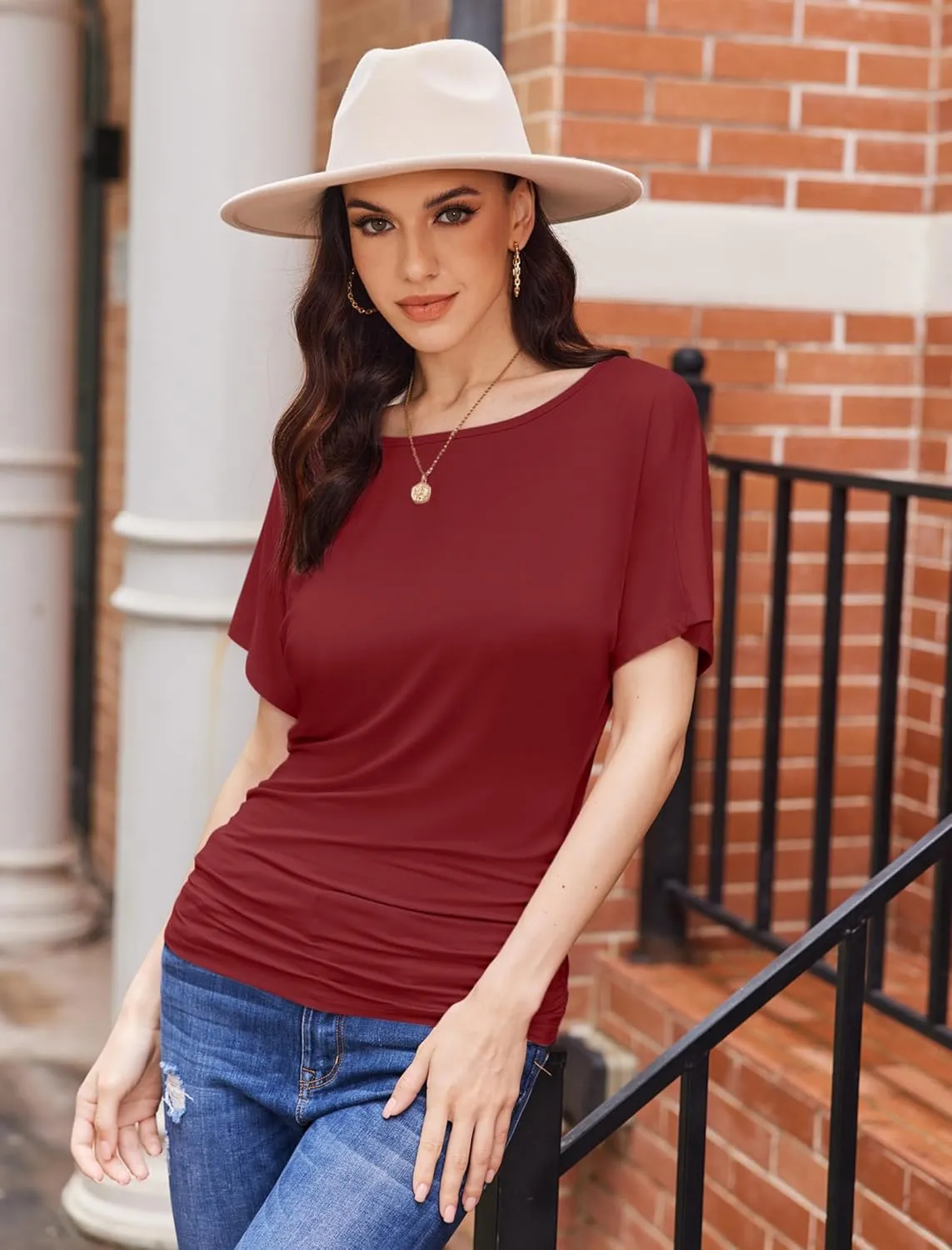 Womens Ruched Tops Casual T Shirts Dolman Short Sleeve Shirts Boat Neck Summer Off Shoulder Batwing Tops 2025
