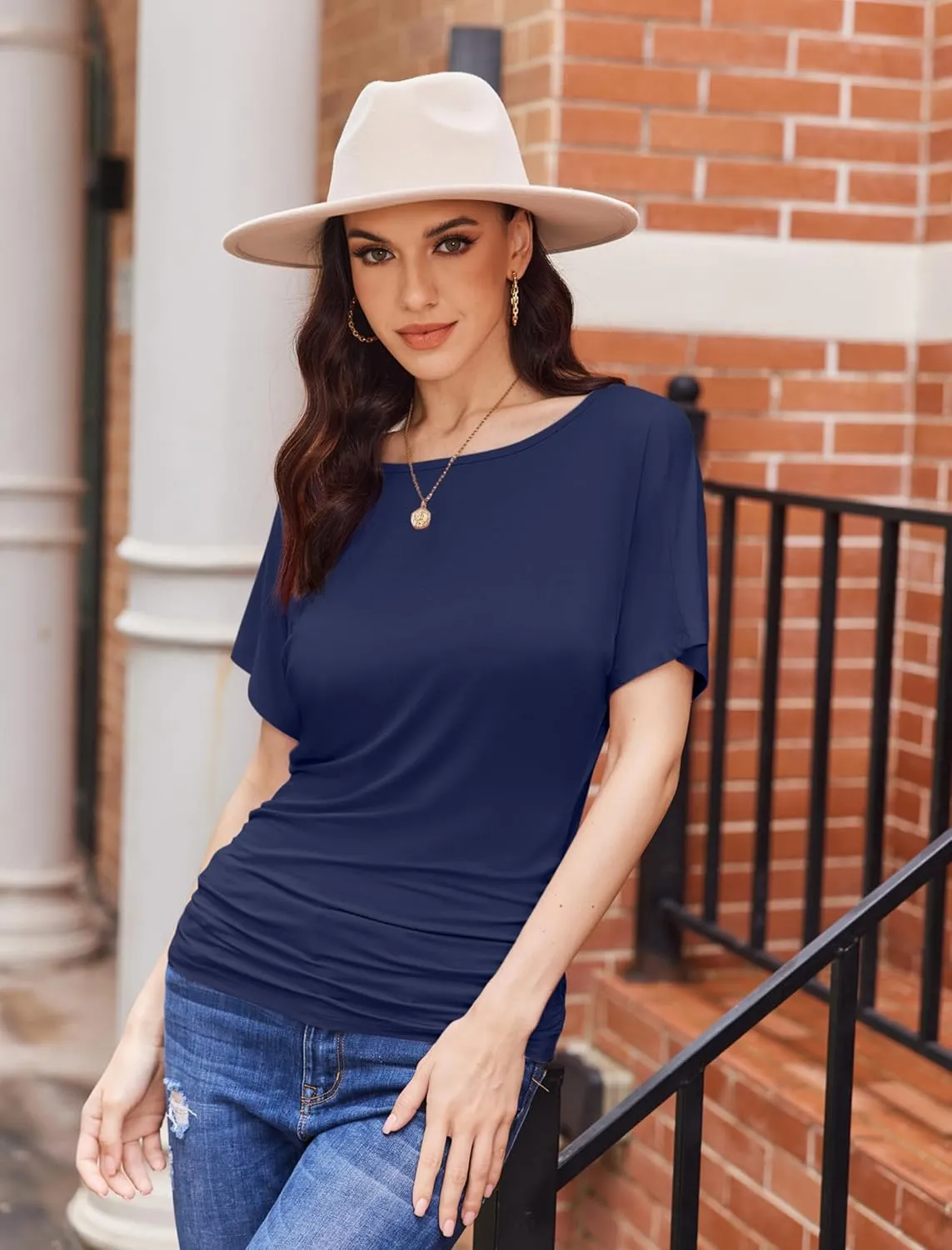 Womens Ruched Tops Casual T Shirts Dolman Short Sleeve Shirts Boat Neck Summer Off Shoulder Batwing Tops 2025