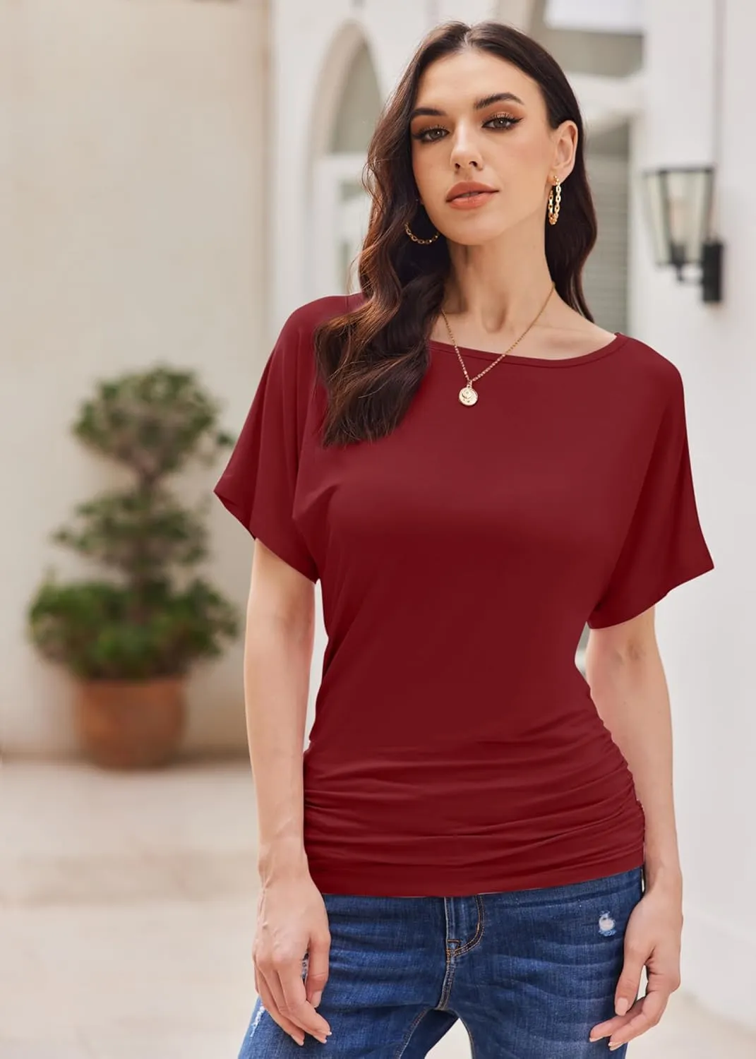 Womens Ruched Tops Casual T Shirts Dolman Short Sleeve Shirts Boat Neck Summer Off Shoulder Batwing Tops 2025