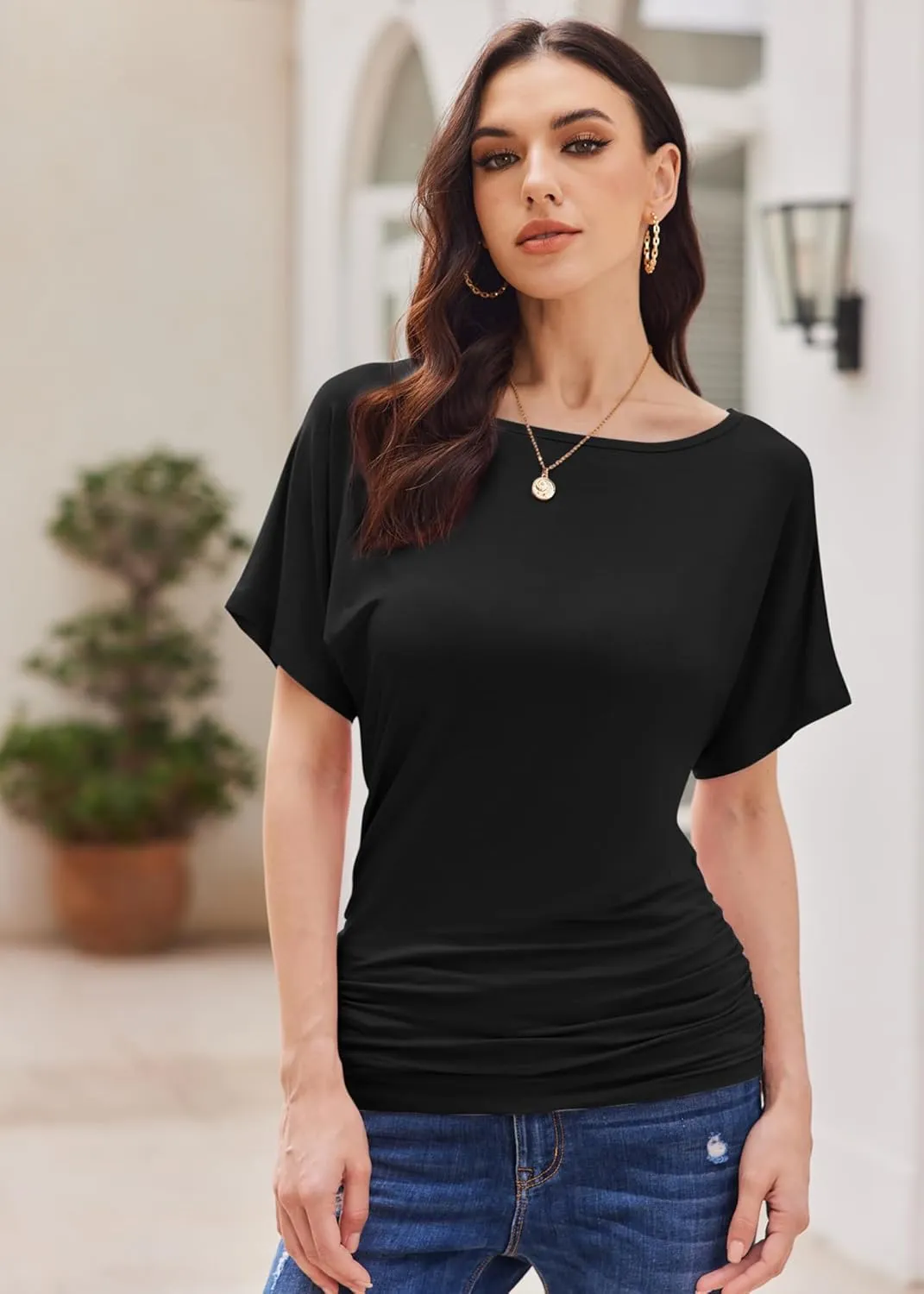 Womens Ruched Tops Casual T Shirts Dolman Short Sleeve Shirts Boat Neck Summer Off Shoulder Batwing Tops 2025