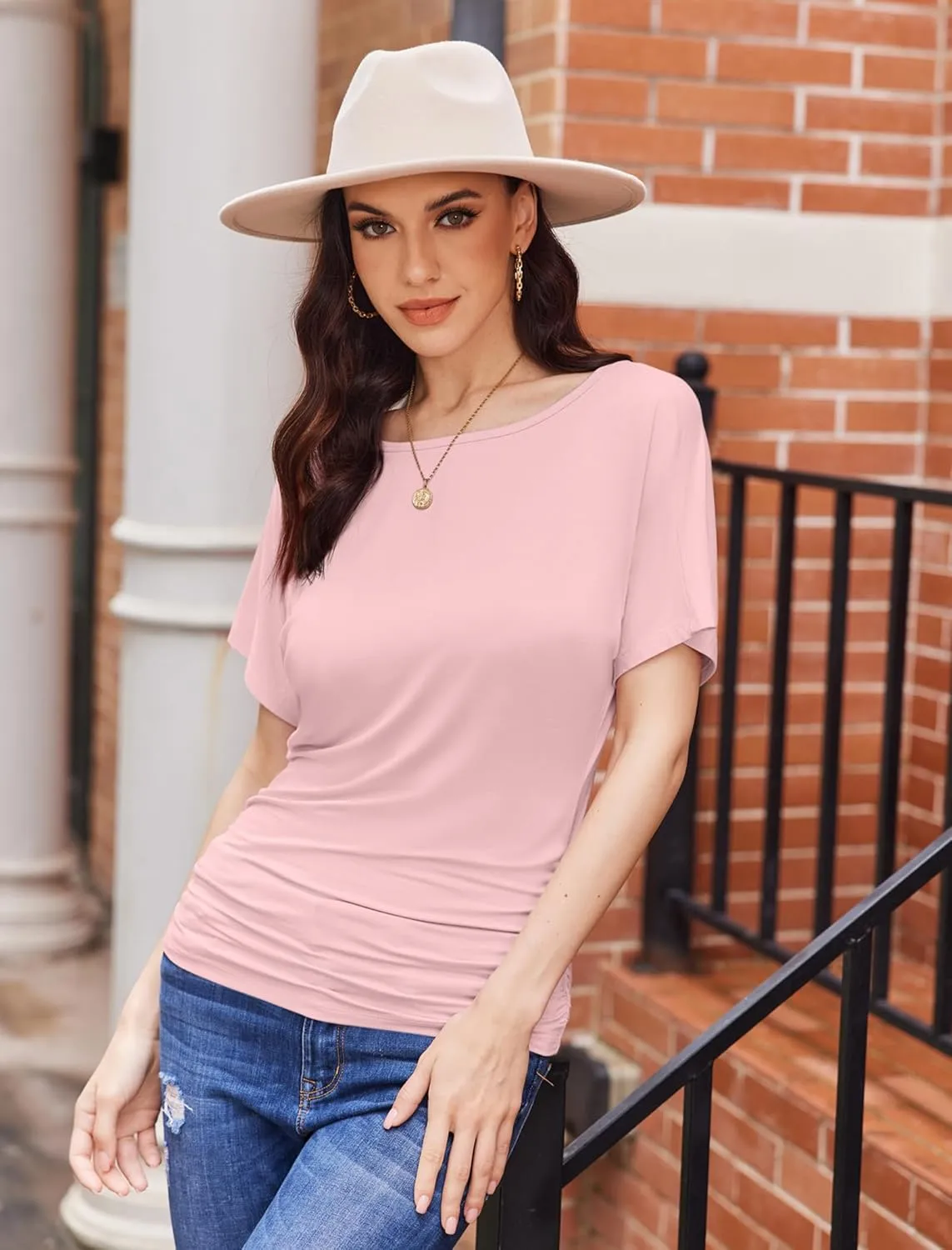 Womens Ruched Tops Casual T Shirts Dolman Short Sleeve Shirts Boat Neck Summer Off Shoulder Batwing Tops 2025