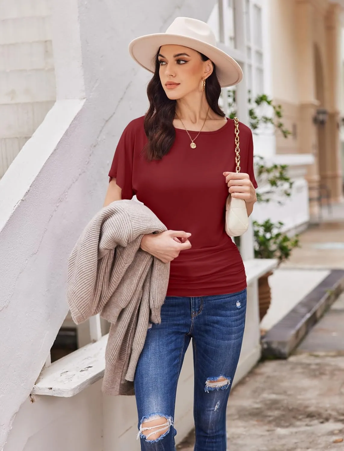 Womens Ruched Tops Casual T Shirts Dolman Short Sleeve Shirts Boat Neck Summer Off Shoulder Batwing Tops 2025