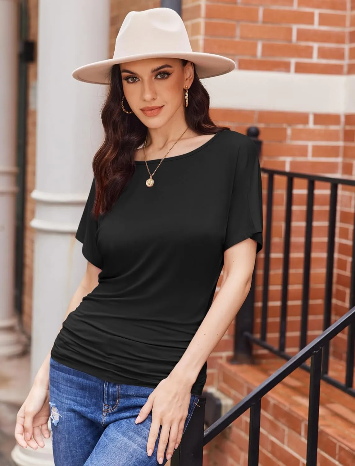 Womens Ruched Tops Casual T Shirts Dolman Short Sleeve Shirts Boat Neck Summer Off Shoulder Batwing Tops 2025