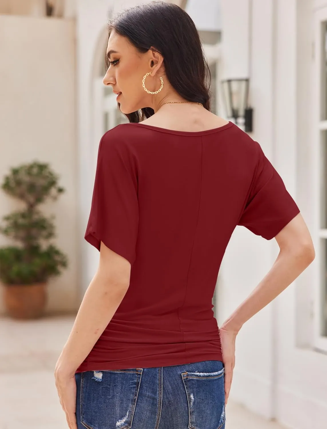 Womens Ruched Tops Casual T Shirts Dolman Short Sleeve Shirts Boat Neck Summer Off Shoulder Batwing Tops 2025