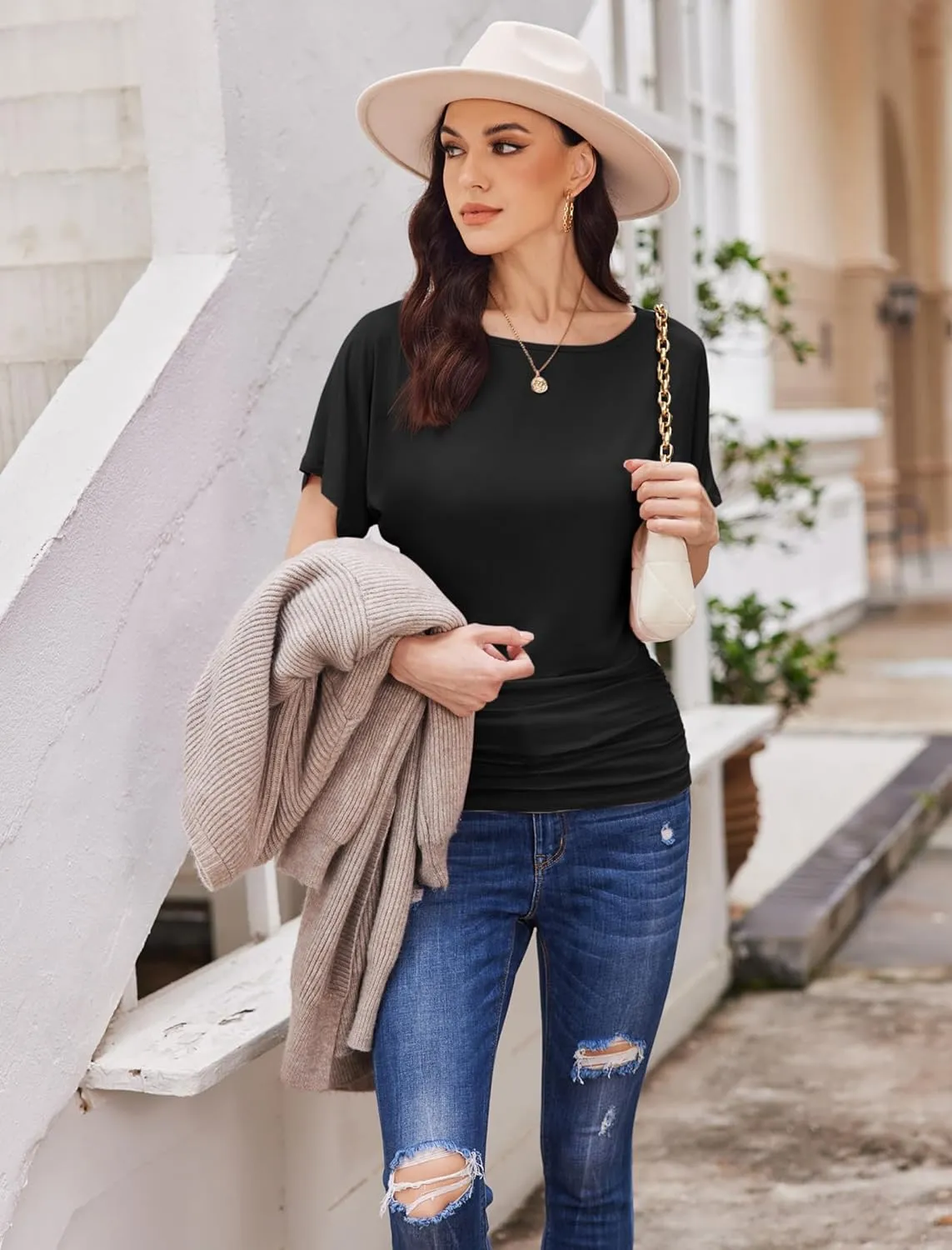 Womens Ruched Tops Casual T Shirts Dolman Short Sleeve Shirts Boat Neck Summer Off Shoulder Batwing Tops 2025