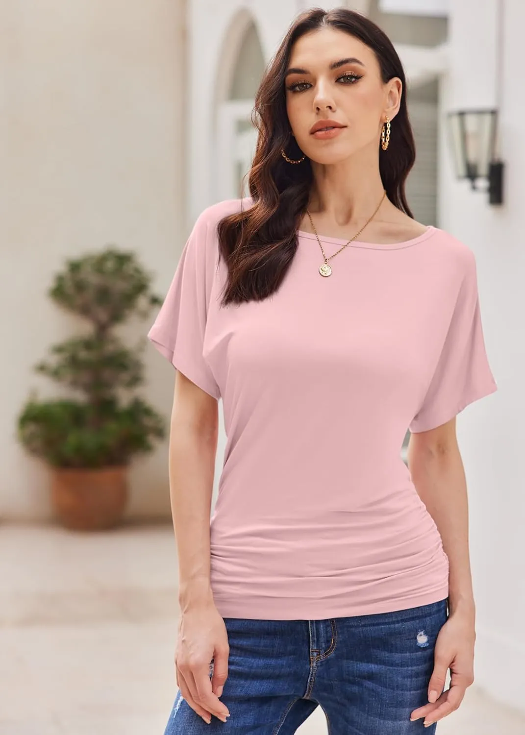 Womens Ruched Tops Casual T Shirts Dolman Short Sleeve Shirts Boat Neck Summer Off Shoulder Batwing Tops 2025