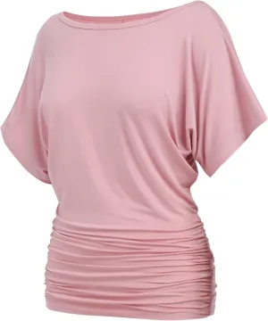 Womens Ruched Tops Casual T Shirts Dolman Short Sleeve Shirts Boat Neck Summer Off Shoulder Batwing Tops 2025
