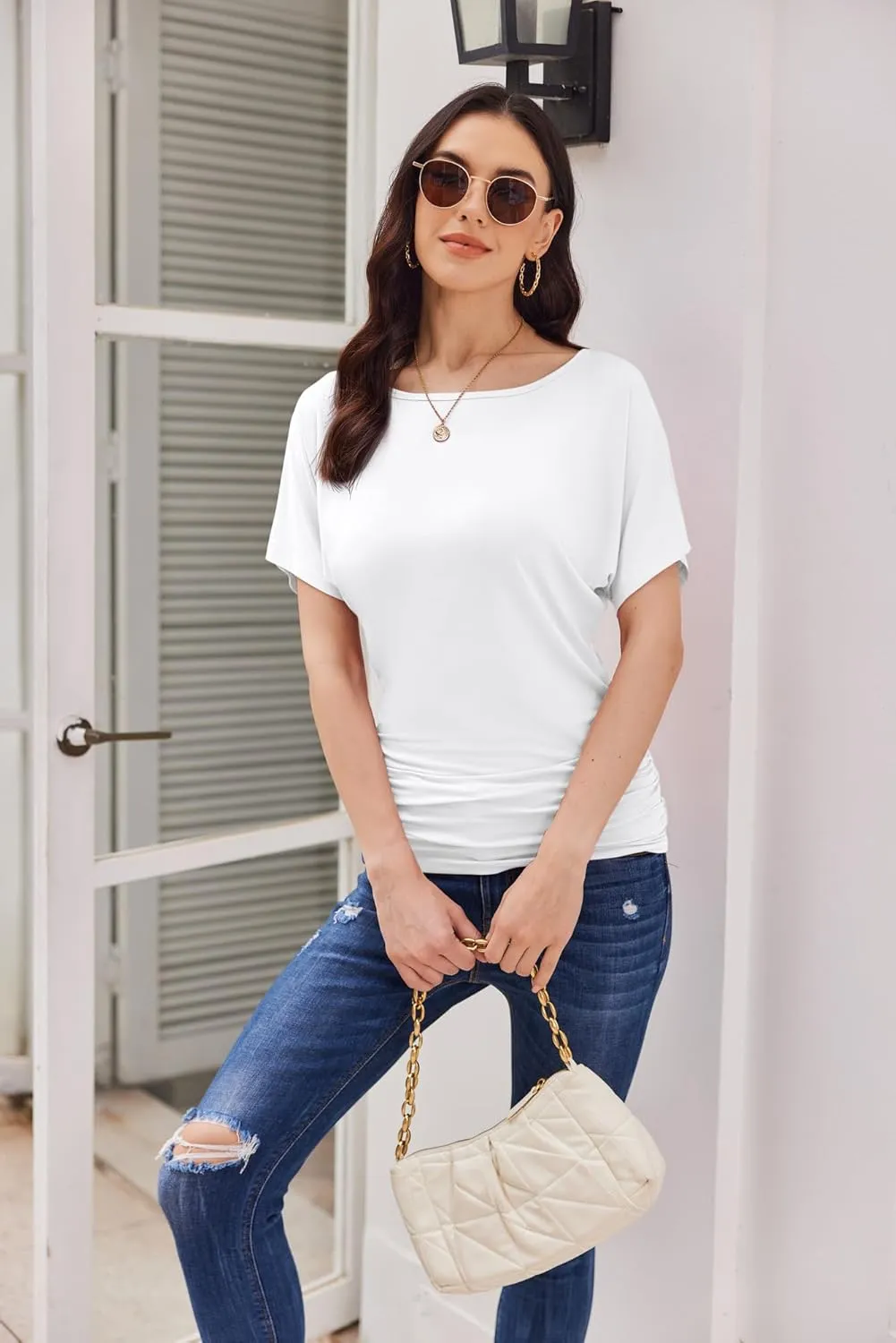 Womens Ruched Tops Casual T Shirts Dolman Short Sleeve Shirts Boat Neck Summer Off Shoulder Batwing Tops 2025