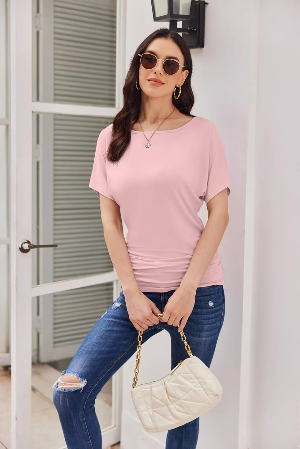 Womens Ruched Tops Casual T Shirts Dolman Short Sleeve Shirts Boat Neck Summer Off Shoulder Batwing Tops 2025