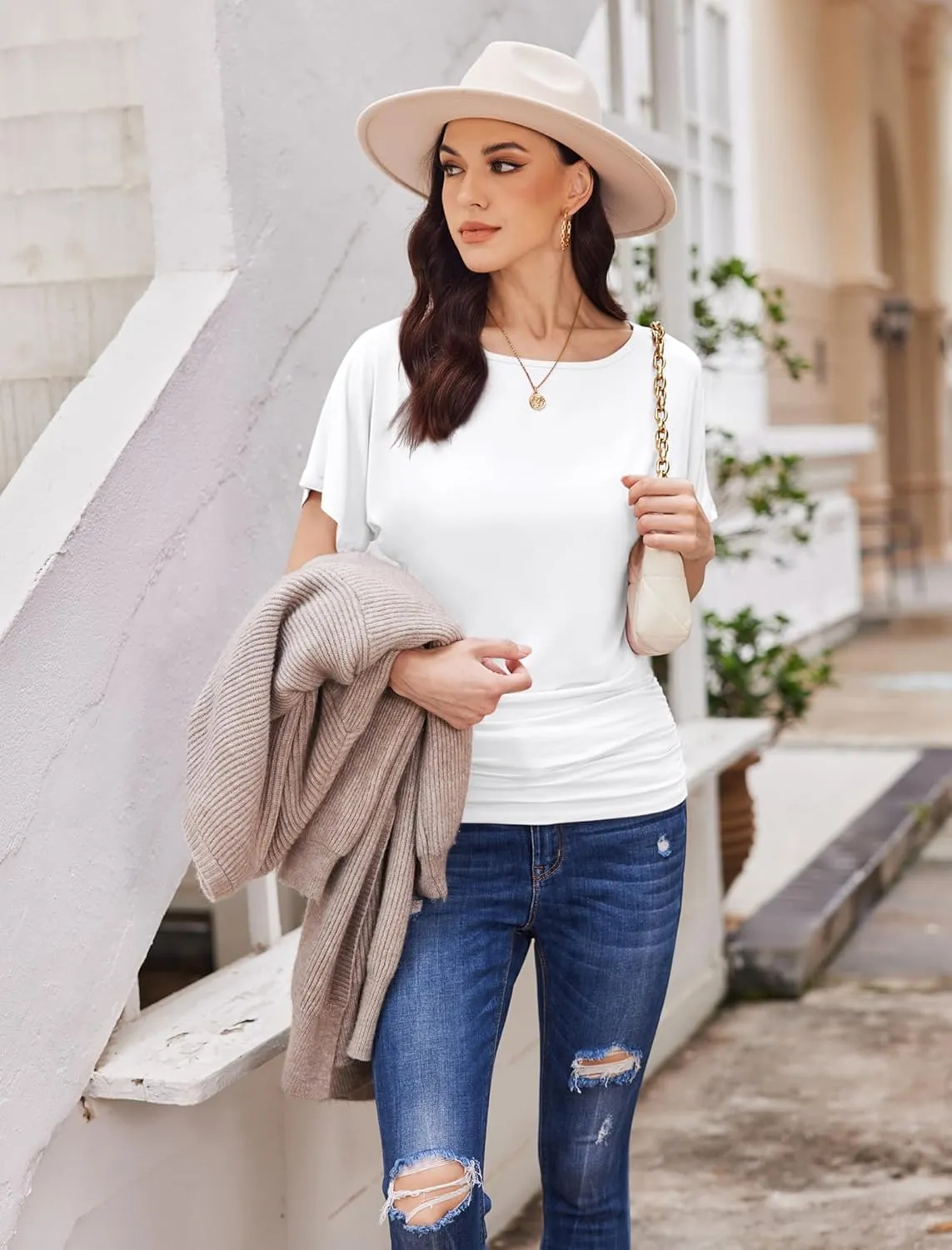 Womens Ruched Tops Casual T Shirts Dolman Short Sleeve Shirts Boat Neck Summer Off Shoulder Batwing Tops 2025