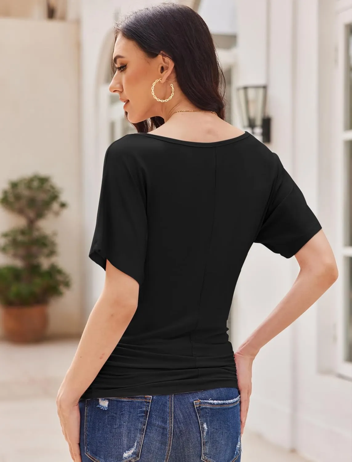 Womens Ruched Tops Casual T Shirts Dolman Short Sleeve Shirts Boat Neck Summer Off Shoulder Batwing Tops 2025