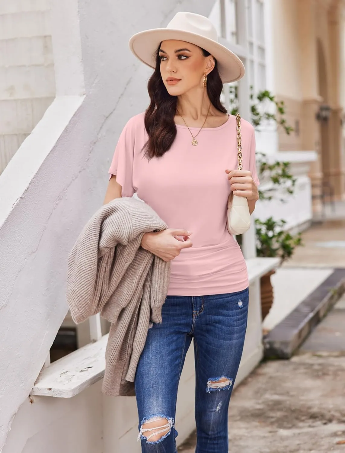 Womens Ruched Tops Casual T Shirts Dolman Short Sleeve Shirts Boat Neck Summer Off Shoulder Batwing Tops 2025