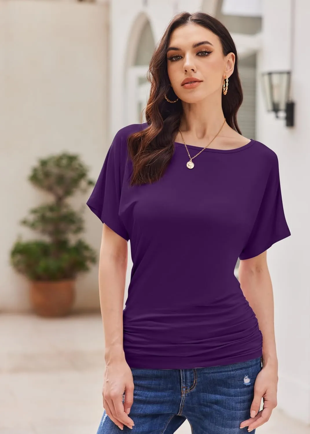 Womens Ruched Tops Casual T Shirts Dolman Short Sleeve Shirts Boat Neck Summer Off Shoulder Batwing Tops 2025