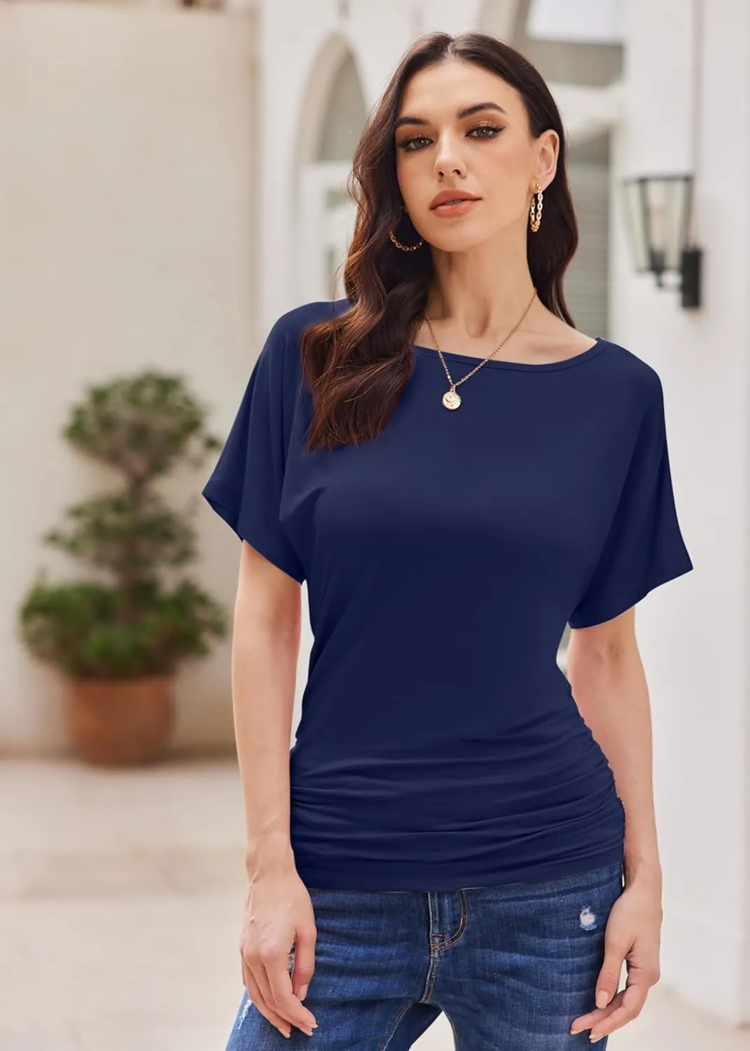 Womens Ruched Tops Casual T Shirts Dolman Short Sleeve Shirts Boat Neck Summer Off Shoulder Batwing Tops 2025
