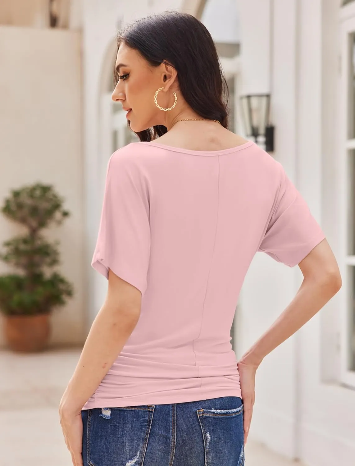 Womens Ruched Tops Casual T Shirts Dolman Short Sleeve Shirts Boat Neck Summer Off Shoulder Batwing Tops 2025