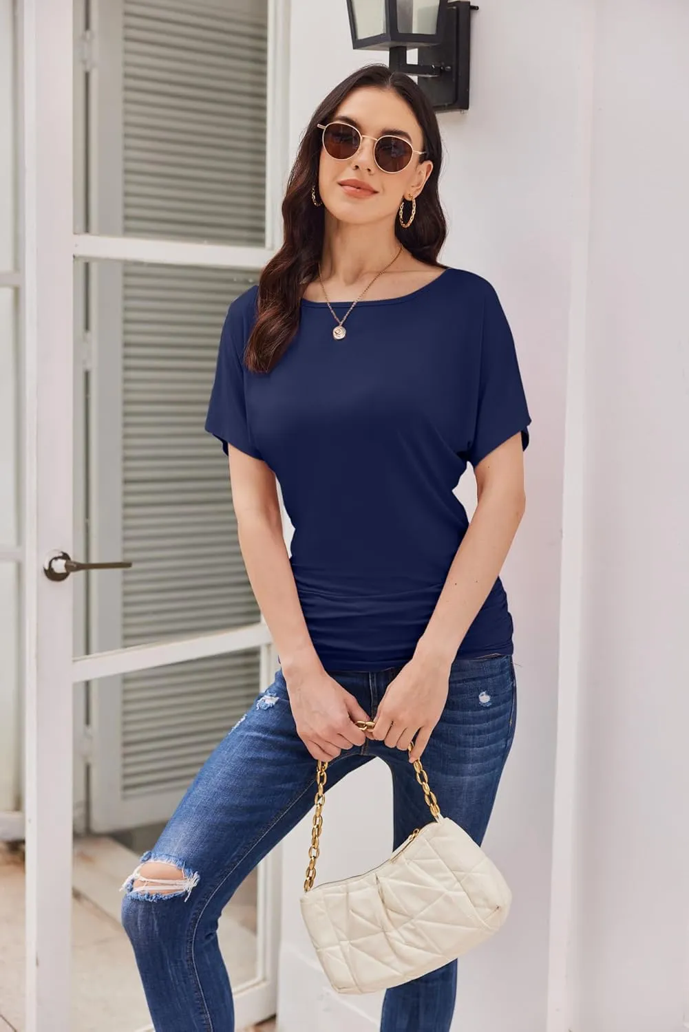 Womens Ruched Tops Casual T Shirts Dolman Short Sleeve Shirts Boat Neck Summer Off Shoulder Batwing Tops 2025
