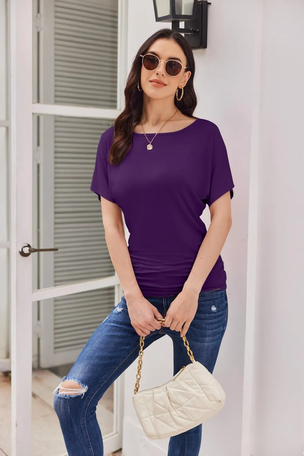 Womens Ruched Tops Casual T Shirts Dolman Short Sleeve Shirts Boat Neck Summer Off Shoulder Batwing Tops 2025