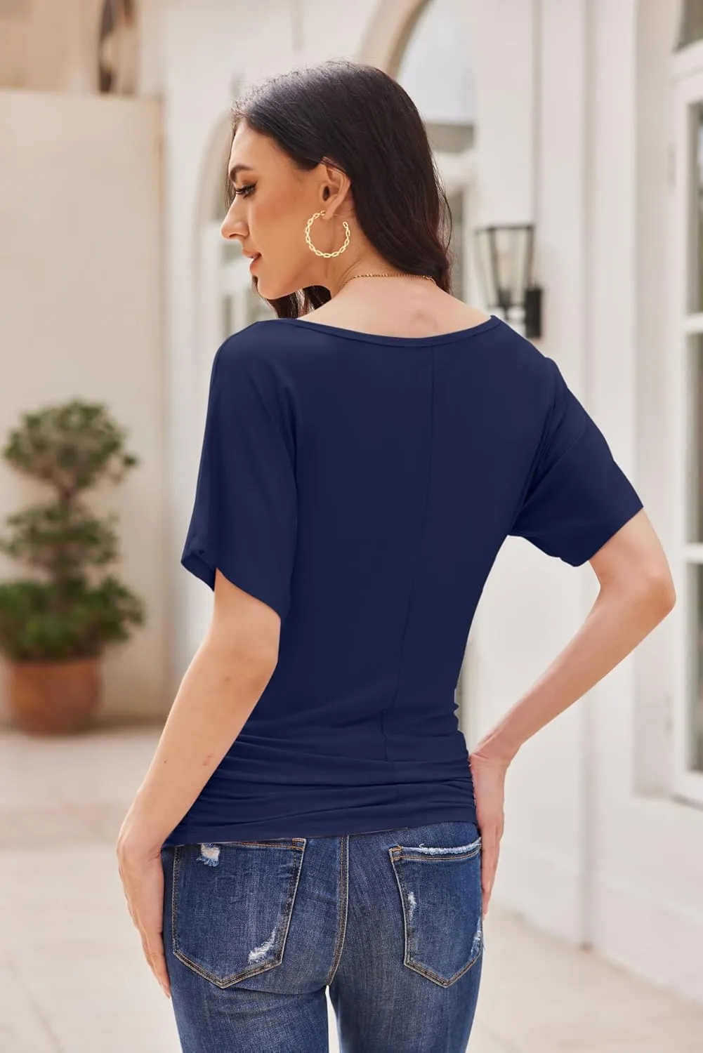 Womens Ruched Tops Casual T Shirts Dolman Short Sleeve Shirts Boat Neck Summer Off Shoulder Batwing Tops 2025