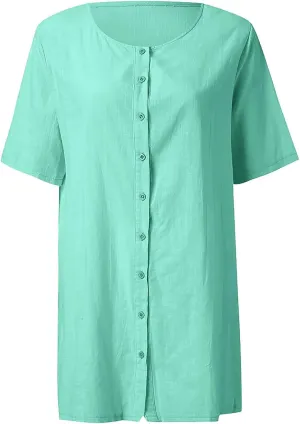 Womens Short Sleeve Shirts 2025 Summer Vacation Beach Fashion Solid Linen Tops Casual Blouses Western Wear