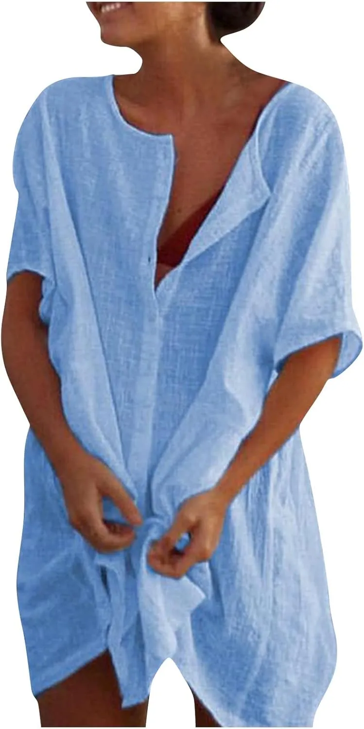 Womens Short Sleeve Shirts 2025 Summer Vacation Beach Fashion Solid Linen Tops Casual Blouses Western Wear