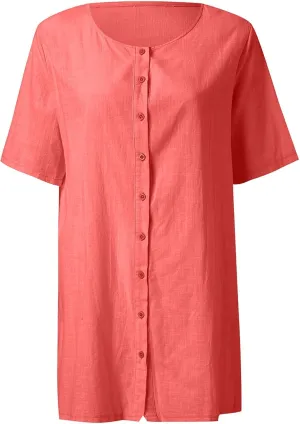 Womens Short Sleeve Shirts 2025 Summer Vacation Beach Fashion Solid Linen Tops Casual Blouses Western Wear
