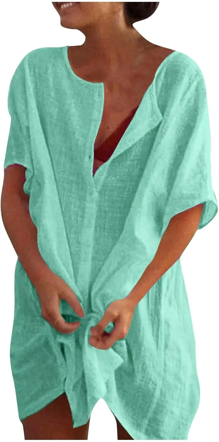 Womens Short Sleeve Shirts 2025 Summer Vacation Beach Fashion Solid Linen Tops Casual Blouses Western Wear