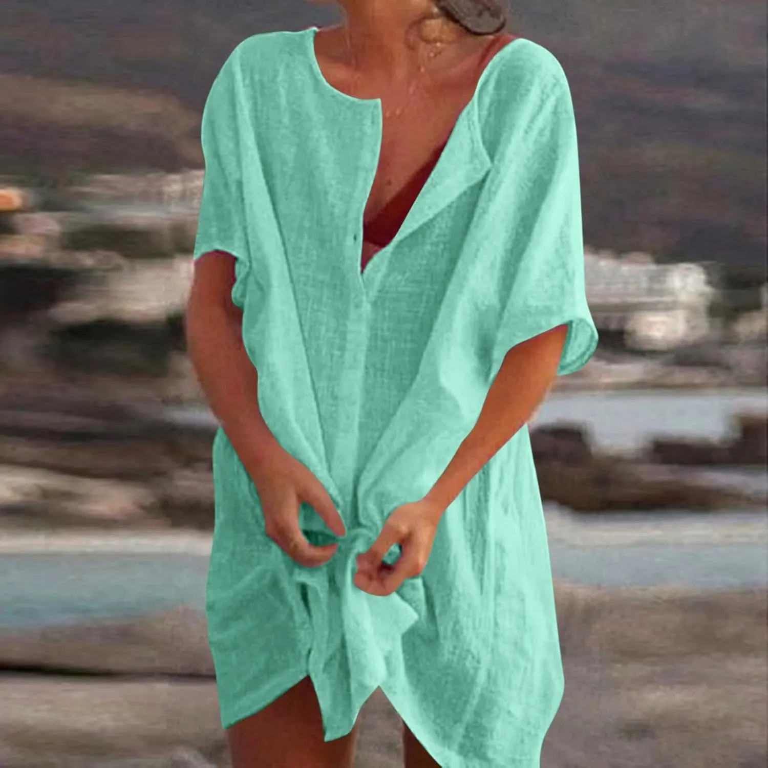 Womens Short Sleeve Shirts 2025 Summer Vacation Beach Fashion Solid Linen Tops Casual Blouses Western Wear