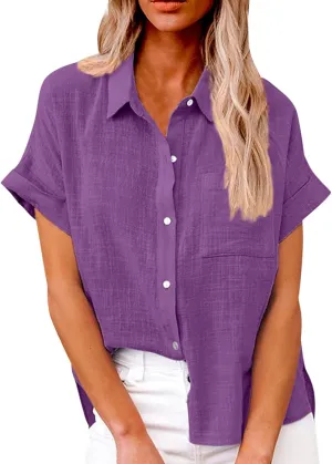 Womens Short Sleeve Shirts 2025 Summer Vacation Beach Fashion Solid Linen Tops Casual Blouses Western Wear